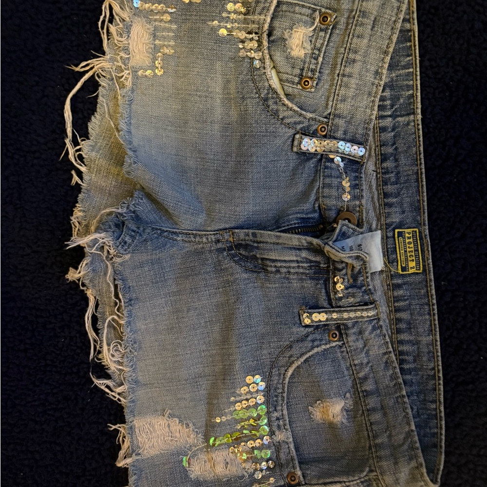 Distressed Sequin Jean Shorts